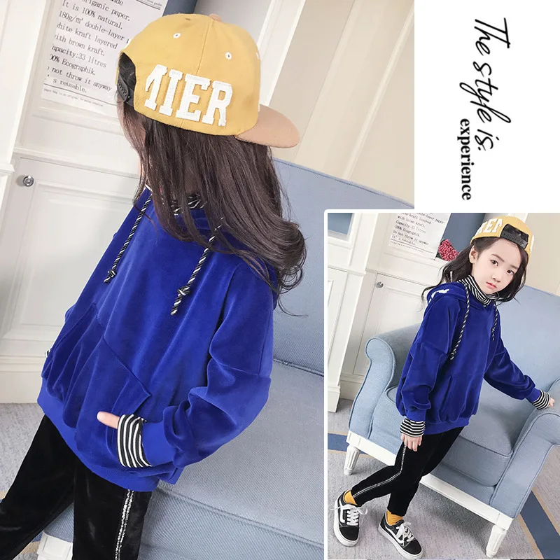 2017 Winter Girls gold velvet backing shirt children high collar striped hooded fake two sweater | Детская одежда и обувь