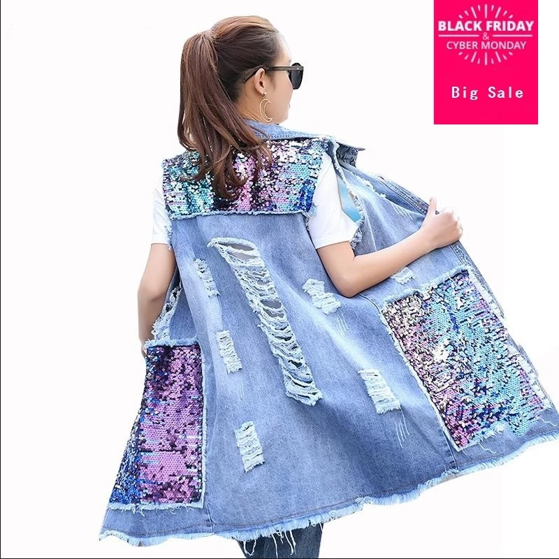 Женская джинсовая куртка с блестками длинное пальто отверстиями размера плюс