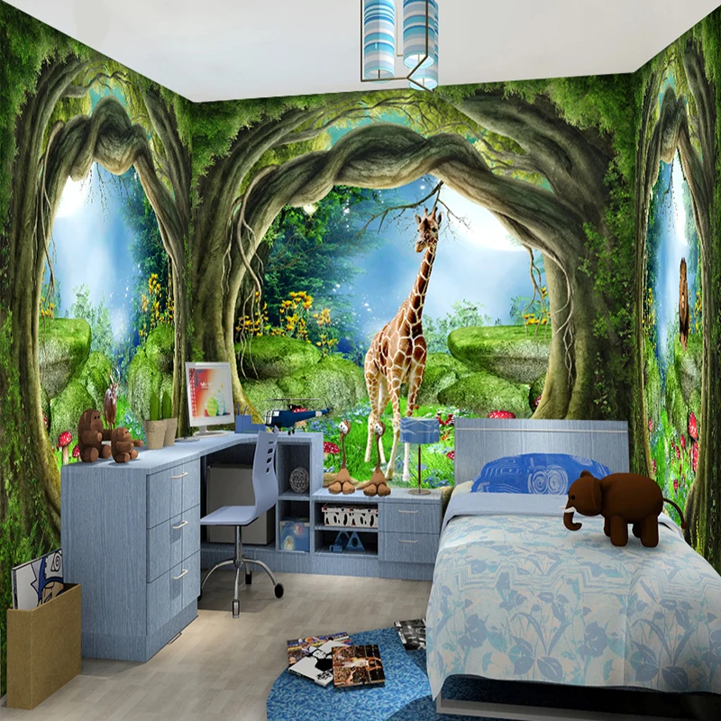 

3D Stereo Fantasy Fairy Forest Tree Animal House Theme Murals Wallpaper Children Kids Bedroom Backdrop Wall Painting Papel Mural
