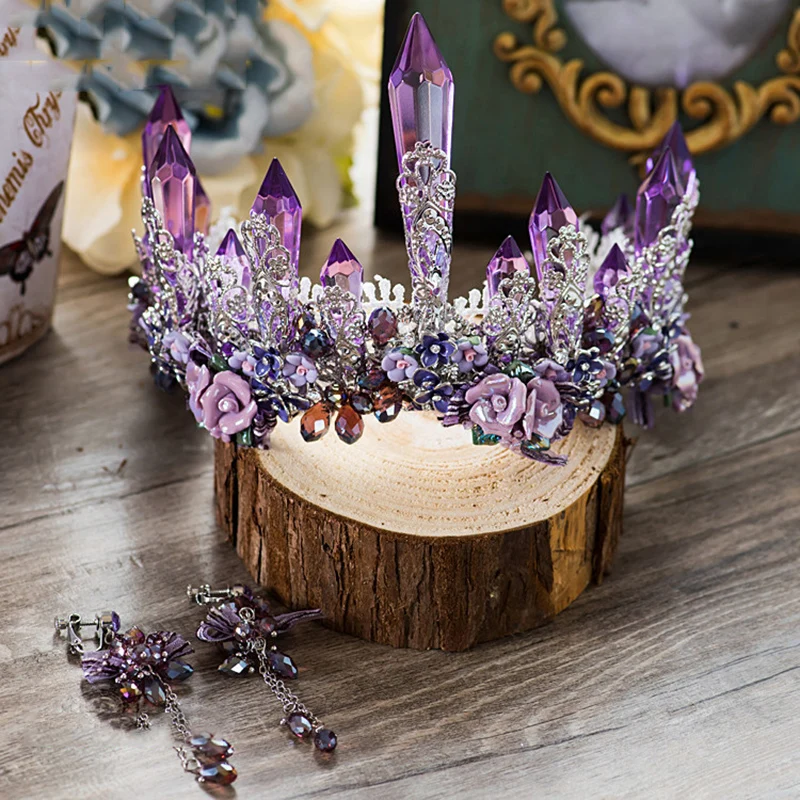 HIMSTORY Dreamty роскошный Сверкающий Фиолетовый свадебный цветок с кристаллами свадебная корона диадемы серьги красивый головной убор