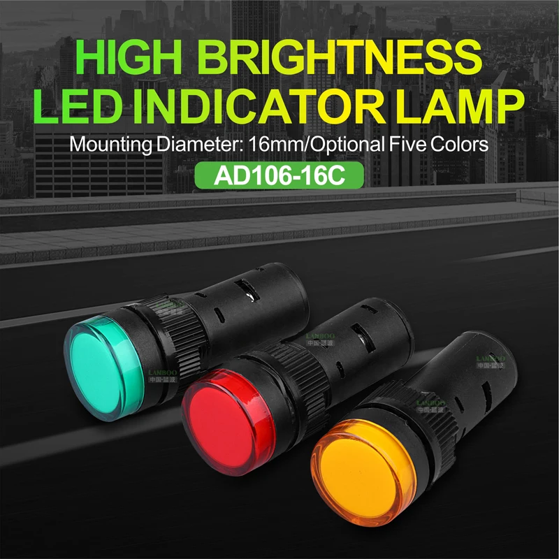 100PCS AD16-16C Panel Mount Signal Power Led Indicator Light 16mm Pilot Lamp AC DC 12V 24V 220V Blue Green Red White Yellow | Лампы и