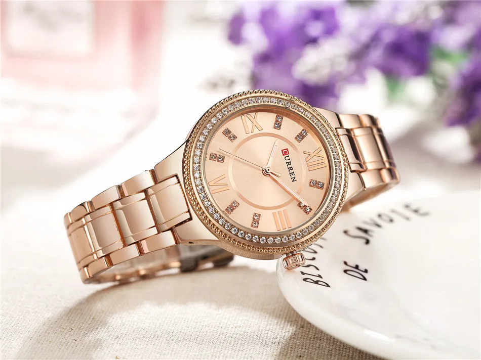 Часы Curren женские кварцевые модные брендовые роскошные золотистые ювелирные