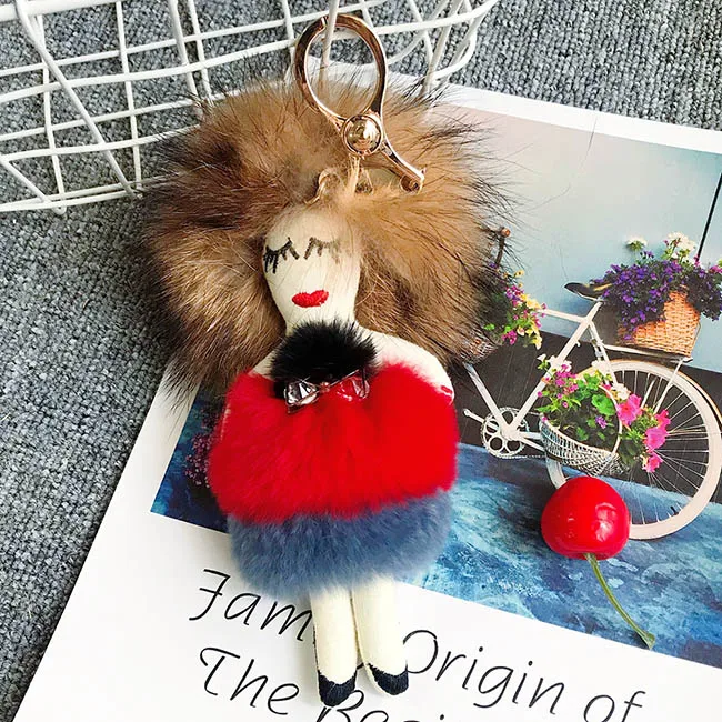 Modern Girl Grazy Women Real Rex Rabbit Fur Keychain Fluffy Doll Fur Pompon Bag Charm Keyring Luxury Car Key Pendant Accessories - Цвет: Red 2