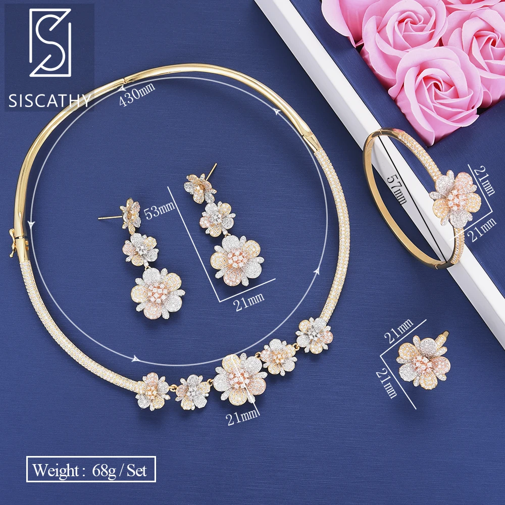 

Siscathy 4PCS Fashion Flower Cubic Zirconia Wedding Necklace Dangle Earrings Bracelet Ring For Women Cubic Zirconia Jewelry Sets