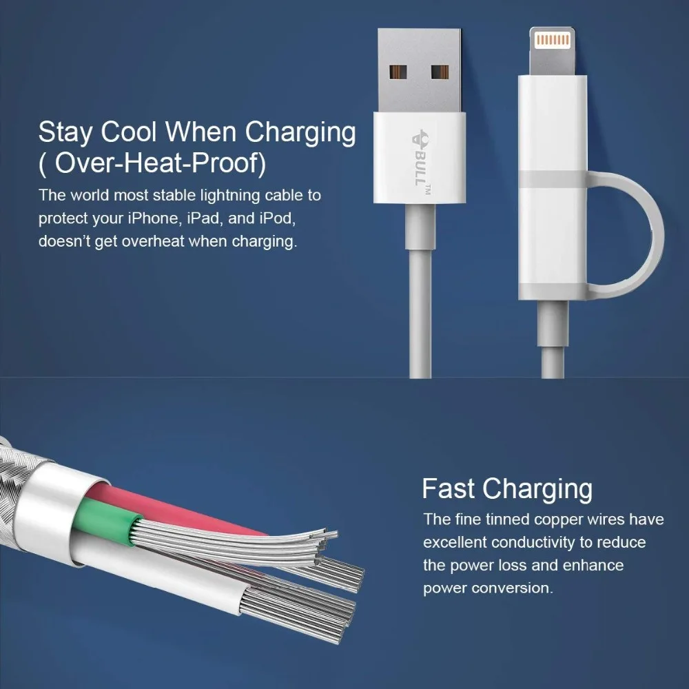 BULL 2 в 1 Android IOS Micro USB кабель 8 Pin 3C MFi Сертифицированный двойной разъем синхронизации