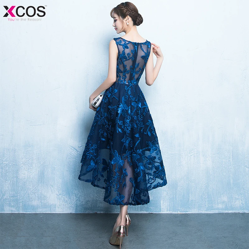 Синие короткие коктейльные платья женские кружевные вечерние с аппликацией