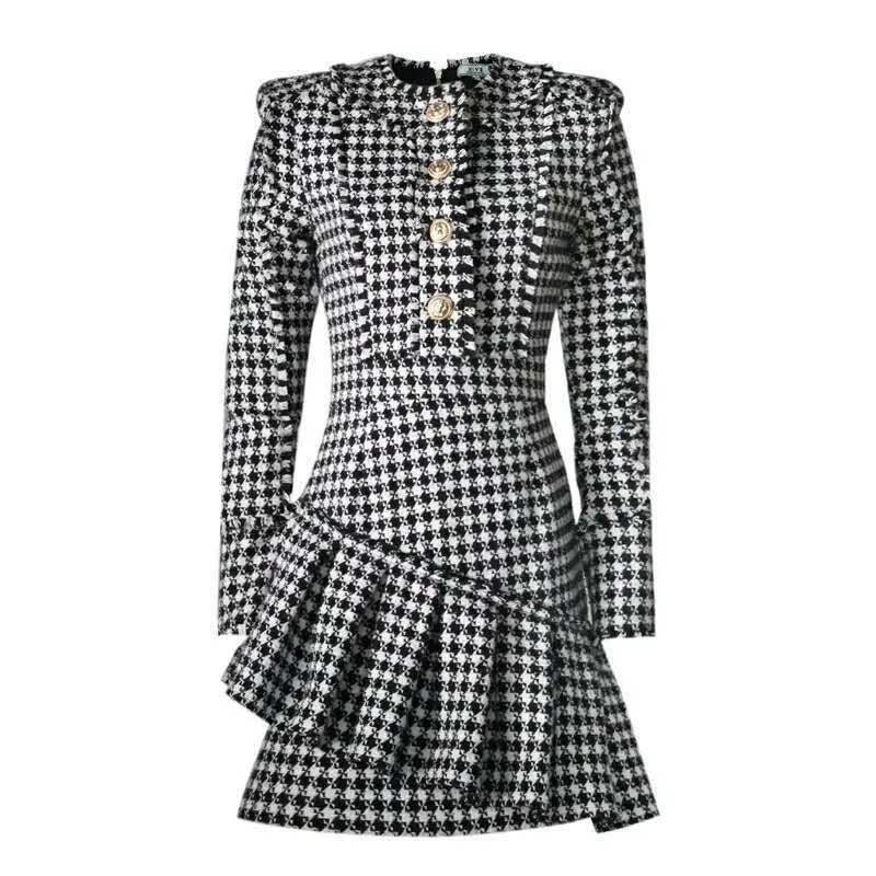 

OXANT Plaid Womens Dress Zipper Button High Waist Long Sleeve Patchwork Ruffle Dresses Female Fashion Streetwear 2019 New