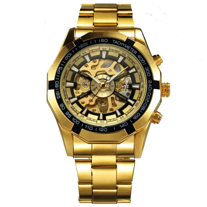GOLD GOLD BLACK WINNER официальный стимпанк мужские часы лучший бренд класса люкс автоматические механические часы со скелетом полный стальной Ремешок Модные наручные часы - Цвет: GOLD GOLD BLACK