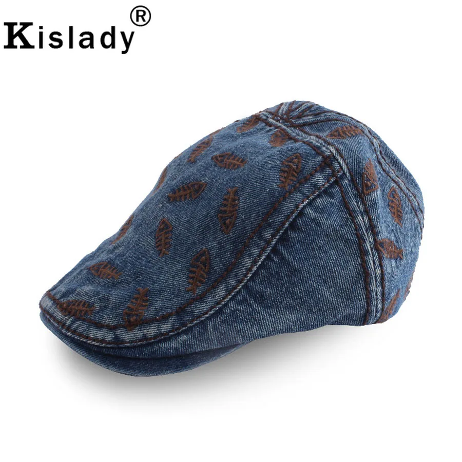 Рыбы кости вышивка синего джинсового цвета береты шапки для Для женщин мужчин