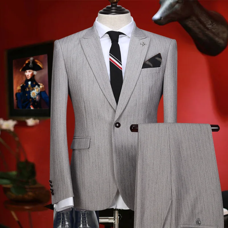 

men suit tuxedo 2 pieces set single breasted button grey slim fit wedding groom suits set for men autumn winter formal suits set