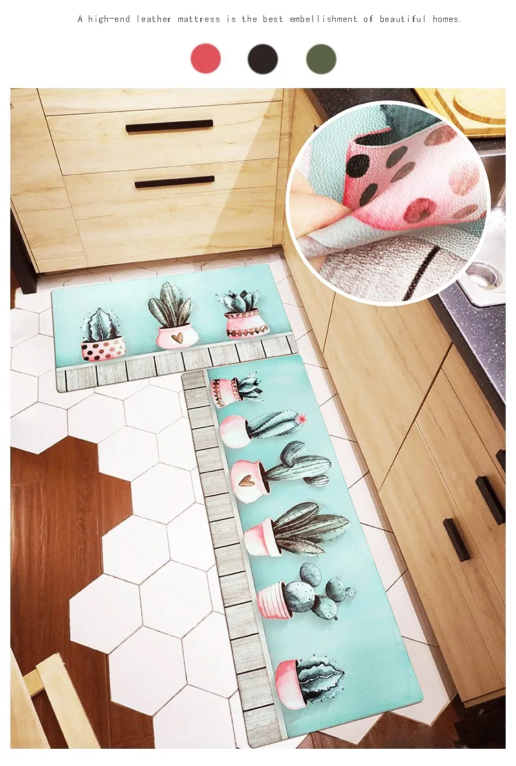 PVC Leather Rubber Kitchen Rugs Blue Cactus Flower Carpets Washable Non-slip Hallway Mat Durable Comfort Anti Fatigue Rug Runner