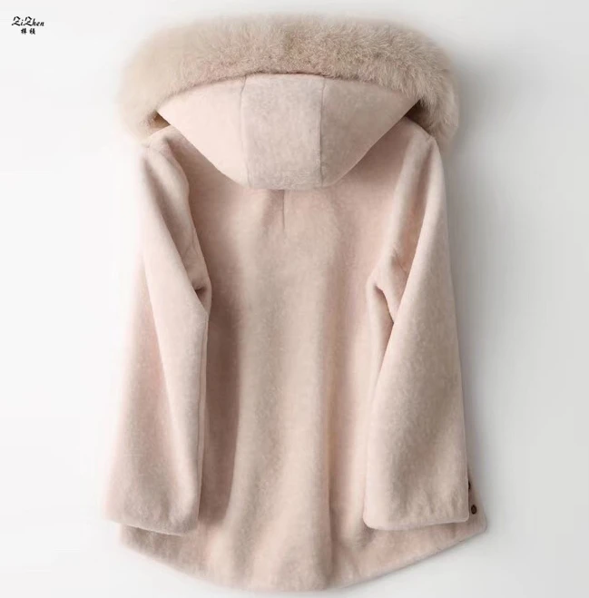 ZiZhen Winter Warm Women's Real Natural Sheep Shearling Fur Coat Wool Solid OverCoat With Fox Tirm Hood 180718-5 | Женская одежда