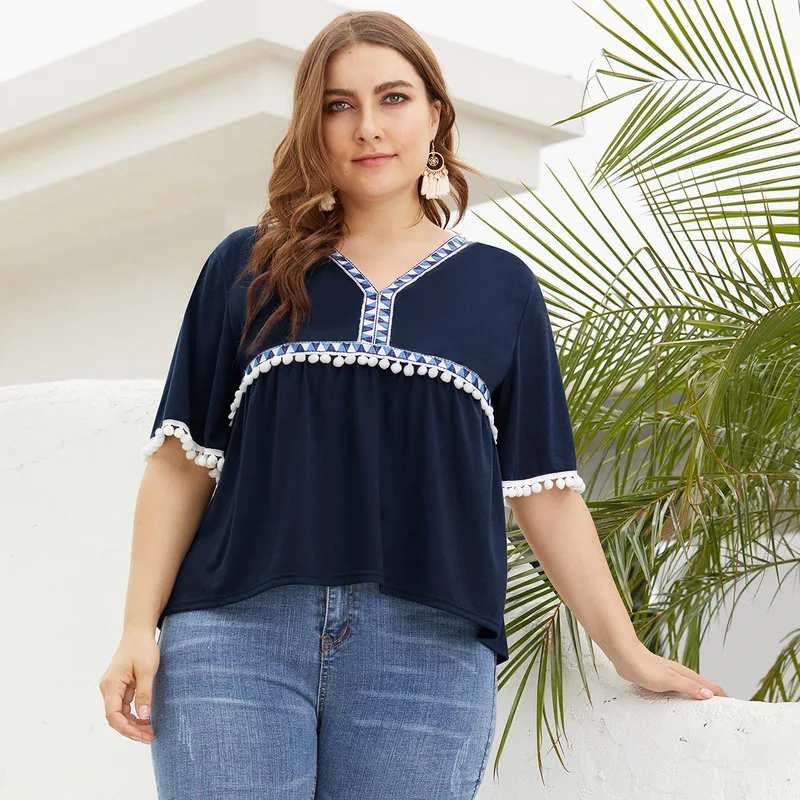 Женские футболки больших размеров летние с v-образным вырезом коротким рукавом