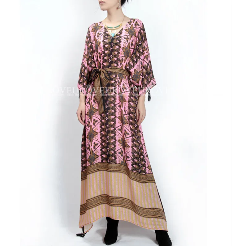 

Guesod 2018 Spring Women Long Dress Exotic Abstract V-Neck Belt Slim Tassel Loose Maxi Dress