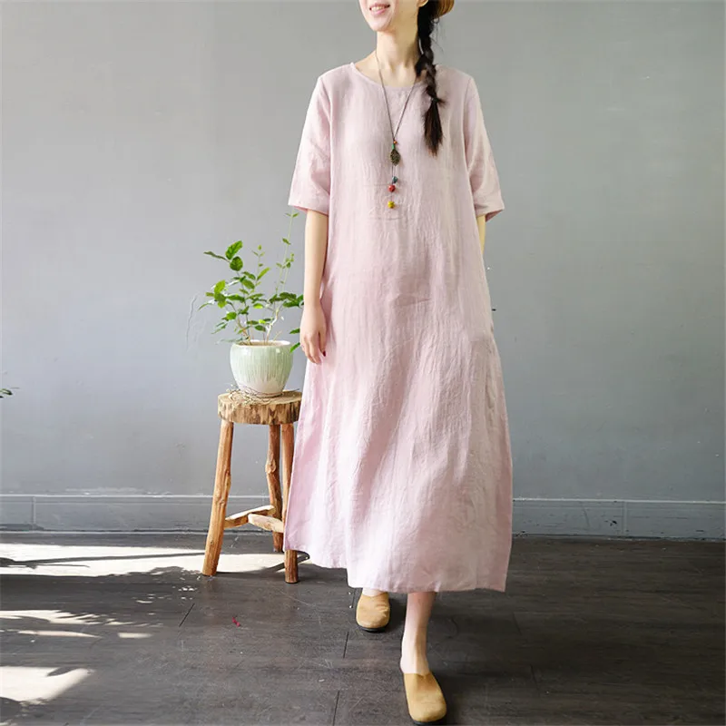 Платье женское летнее однотонное ТРАПЕЦИЕВИДНОЕ с круглым вырезом и рукавом до