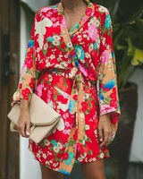 womens red loose vintage long sleeve fashion split boho floral open cape casual coat loose blouse kimono long cardigan