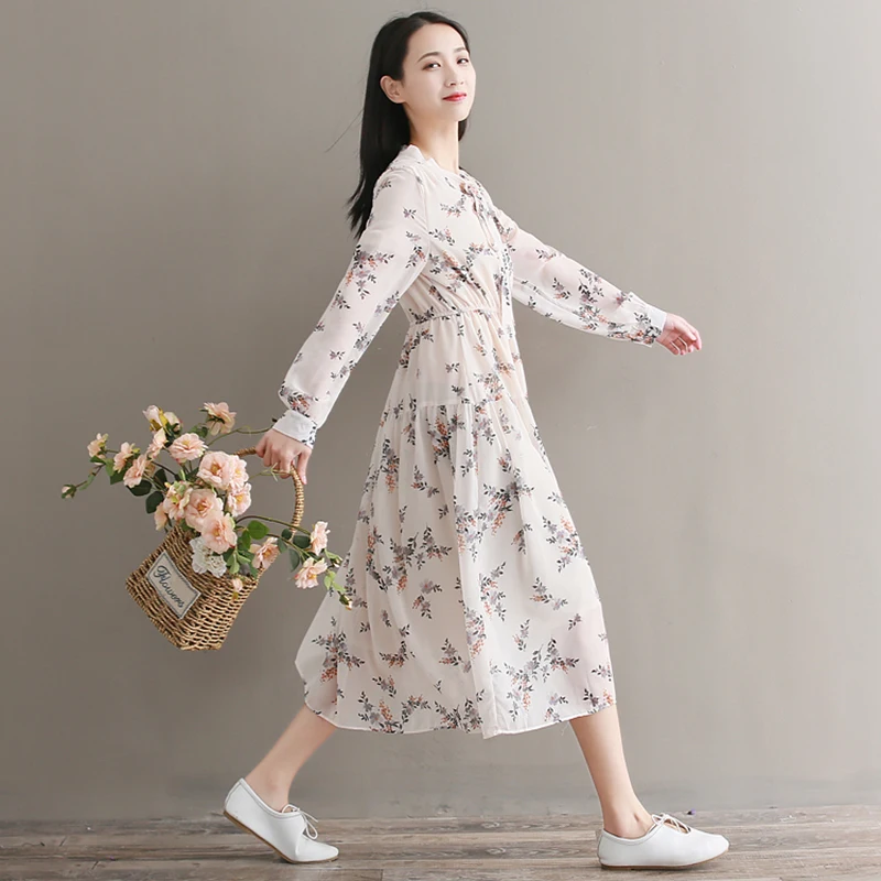 Шифоновое платье с принтом для женщин длинное средней длины длинным рукавом