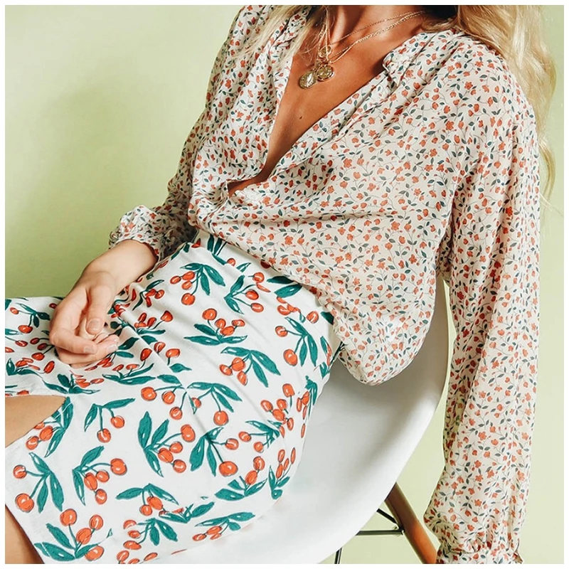 Летний стиль в деревенском стиле с принтом виде вишен юбка разрезом пикантные