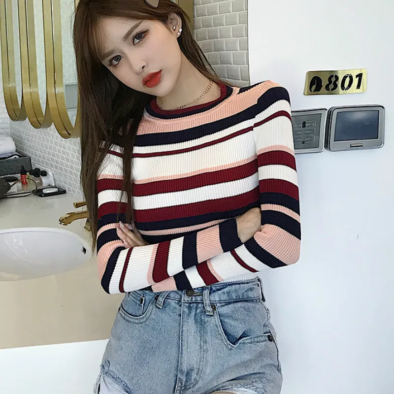 Sweater Sweters Women Early Autumn Long-sleeved Body-tight Striped Plus Size Christmas Knitted | Женская одежда