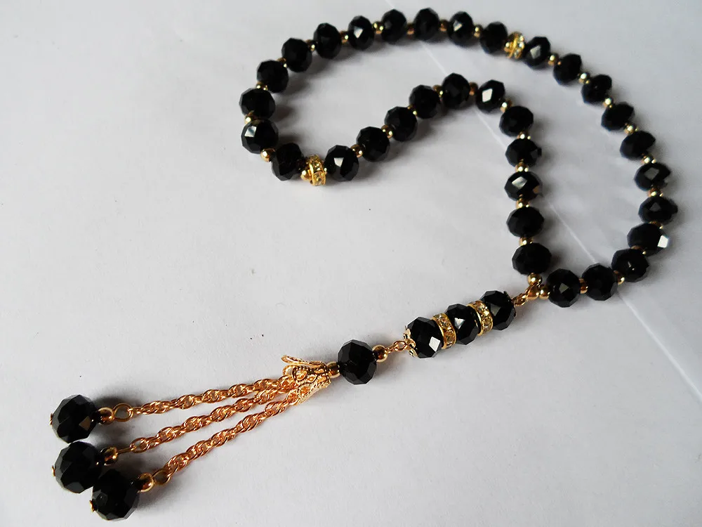 Винтаж мусульманские религиозная молитва бусины 2R Веревка Цепи стрейч tasbih браслет ювелирные изделия, Черный Кристалл Ислам для