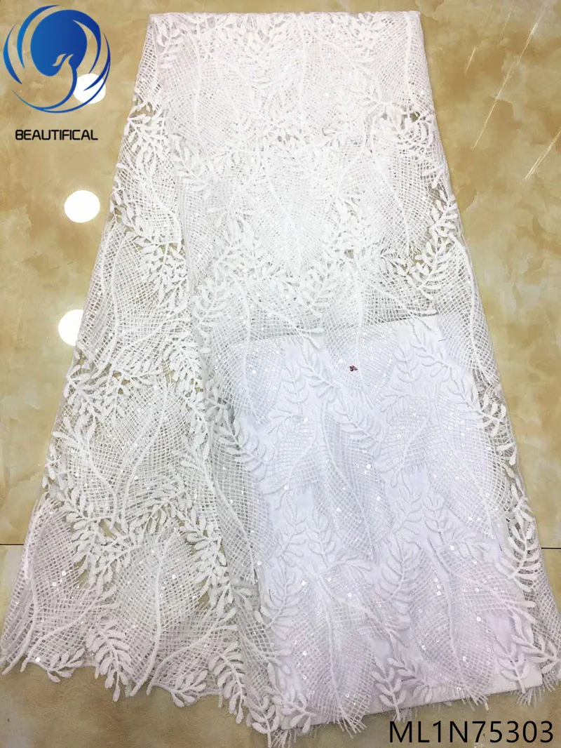 Beautifical French lace fabrics white bridal embroidery sequins fabric for wedding nigeian net 5yards ML1N753 | Дом и сад