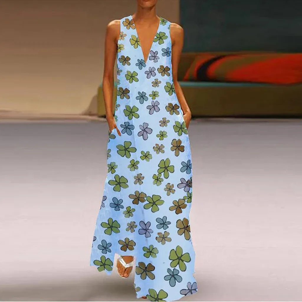Женское длинное платье с цветочным принтом повседневное пляжное без рукавов v