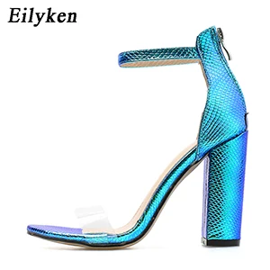 Blue Eilyken; Летние босоножки на высоком каблуке; Модные женские Босоножки с открытым носком и пряжкой на ремешке с закрытой пяткой; цвет синий, розовый; женские босоножки под змеиную кожу - Цвет: Blue
