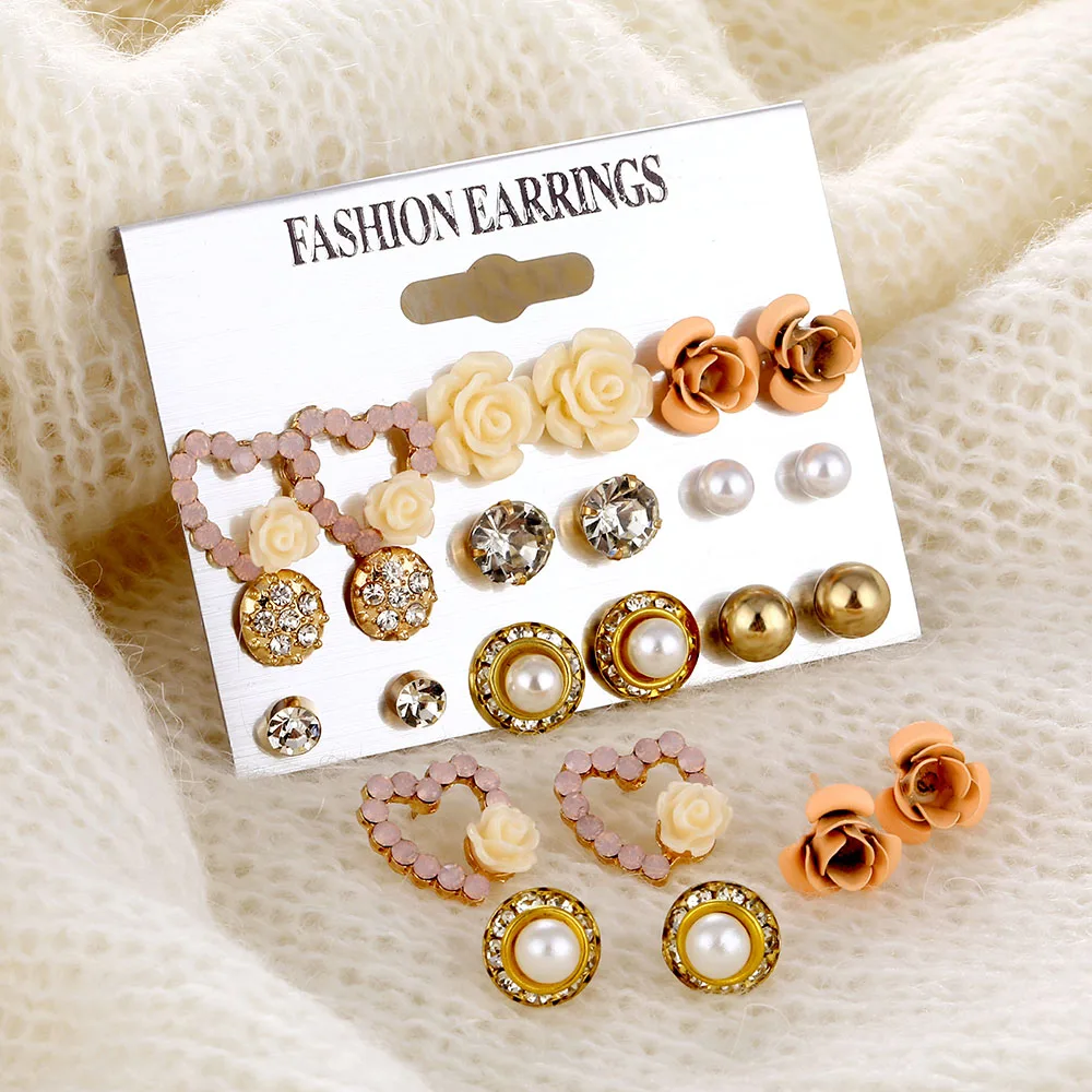 Элегантные 9 пар/компл. женские серьги гвоздики с жемчугом и кристаллами для