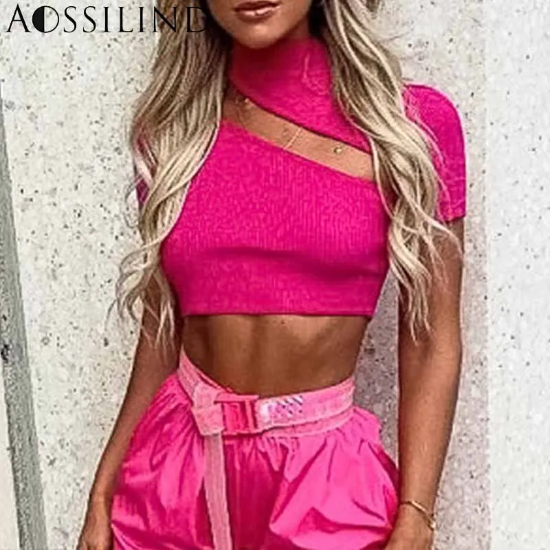 AOSSILIND короткий рукав неоновый зеленый выдалбливают сексуальный укороченный топ