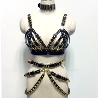 100 handcrafted sexy heavy duty black top bra pu leather women harness gold letter choker waist cincher belt