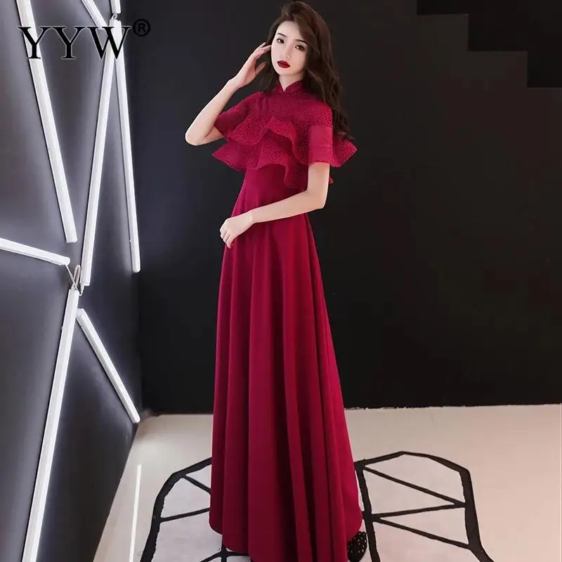 burgundy Халаты De Soiree элегантное женское вечернее платье, однотонные вечерние платья с оборками и рукавами, высокая талия, Модные женские сексуальные вечерние платья - Цвет: burgundy