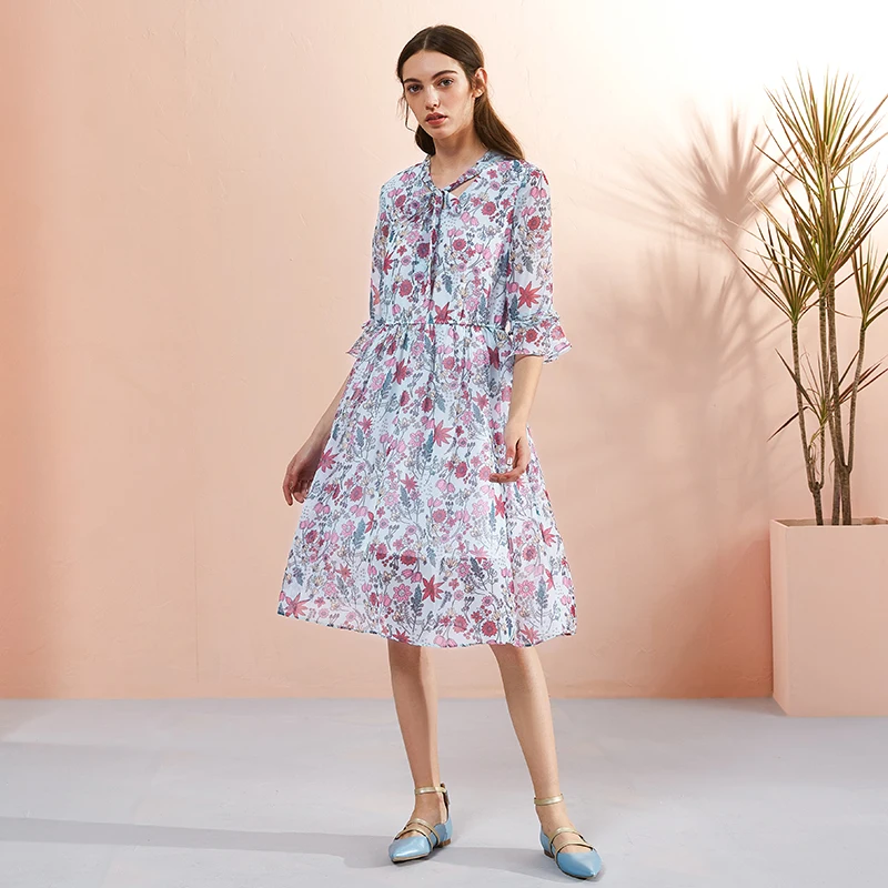 Sllsky 2018 новые летние с расклешенными рукавами платье Для женщин средней посадки v