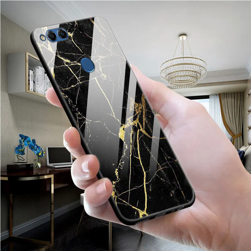 Жесткий чехол для huawei Honor 7X, чехол из закаленного стекла с изображением Льва и мрамора, задняя крышка для huawei Honor 7X7 X X7, силиконовый бампер Honor7X