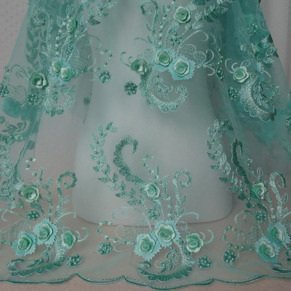 Мятно-зеленая/Черная 3D Цветочная вышитая бисером сетчатая кружевная ткань