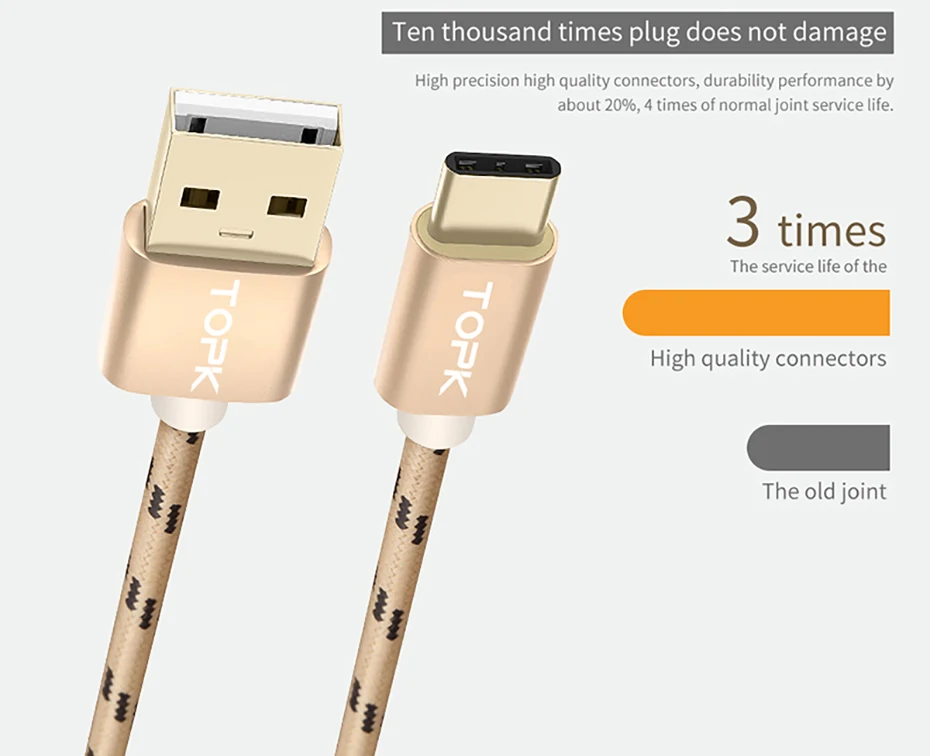 TOPK usb type-C кабель нейлоновая линия и металлический штекер type-C кабель синхронизации данных для samsung Galaxy S9 S8 Plus USB-C кабели