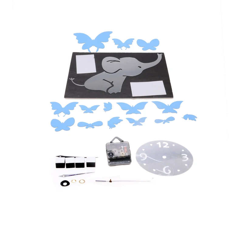 Новый Слон играет Бабочек Стикер DIY Серебряное Зеркало Часы Стены Дома Номер