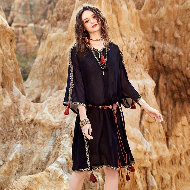 ARTKA 2018 осень Новое Женское винтажное платье с вышивкой три четверти рукав летучая