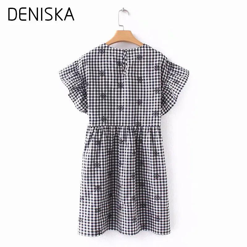 DENISKA 2018 Летнее Платье Женщины Цветочные Вышивка Старинные Плед Леди О Шеи Бабочка