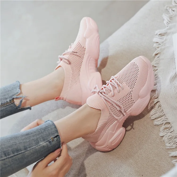 PXELENA/вязаные носки женские кроссовки на шнуровке Стрейчевые дышащие туфли не