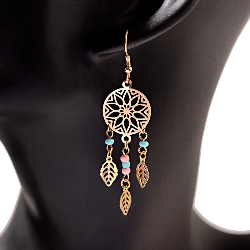 Женские винтажные этнические золотые полые круглые и листья серьги ретро