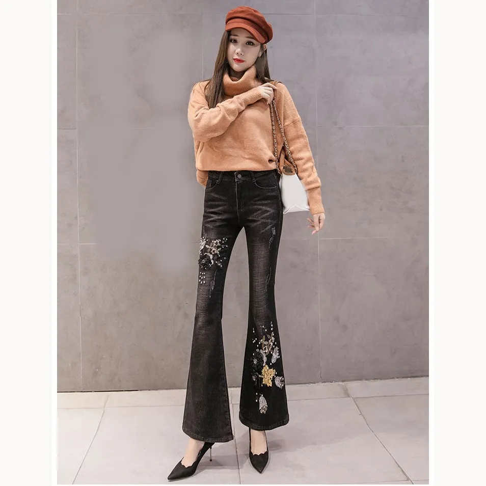 Вышивка женские джинсы клёш широкие брюки Узкие облегающие джинсовые штаны| |