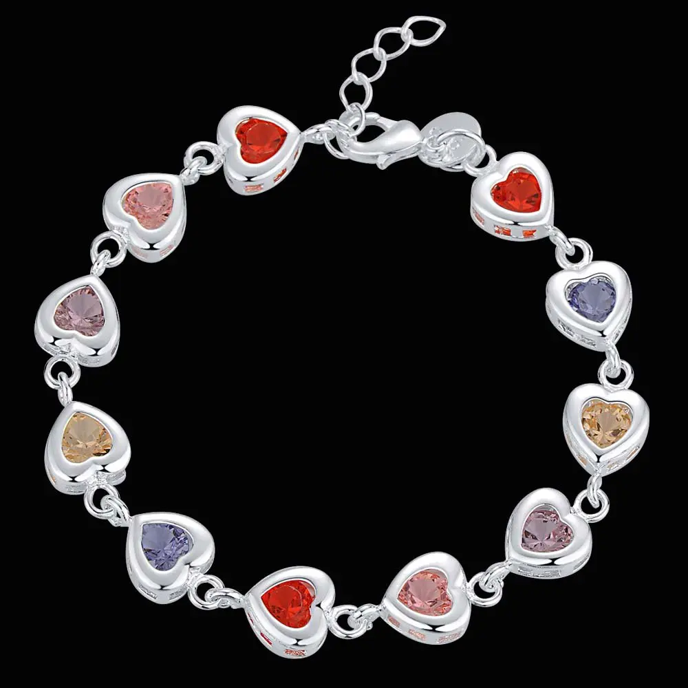 

Best Valentine's Gift Shiny Multicolored Zircon Crystal Heart Shape 925 Sterling Silver Woman Girl Bracelet Jewelry