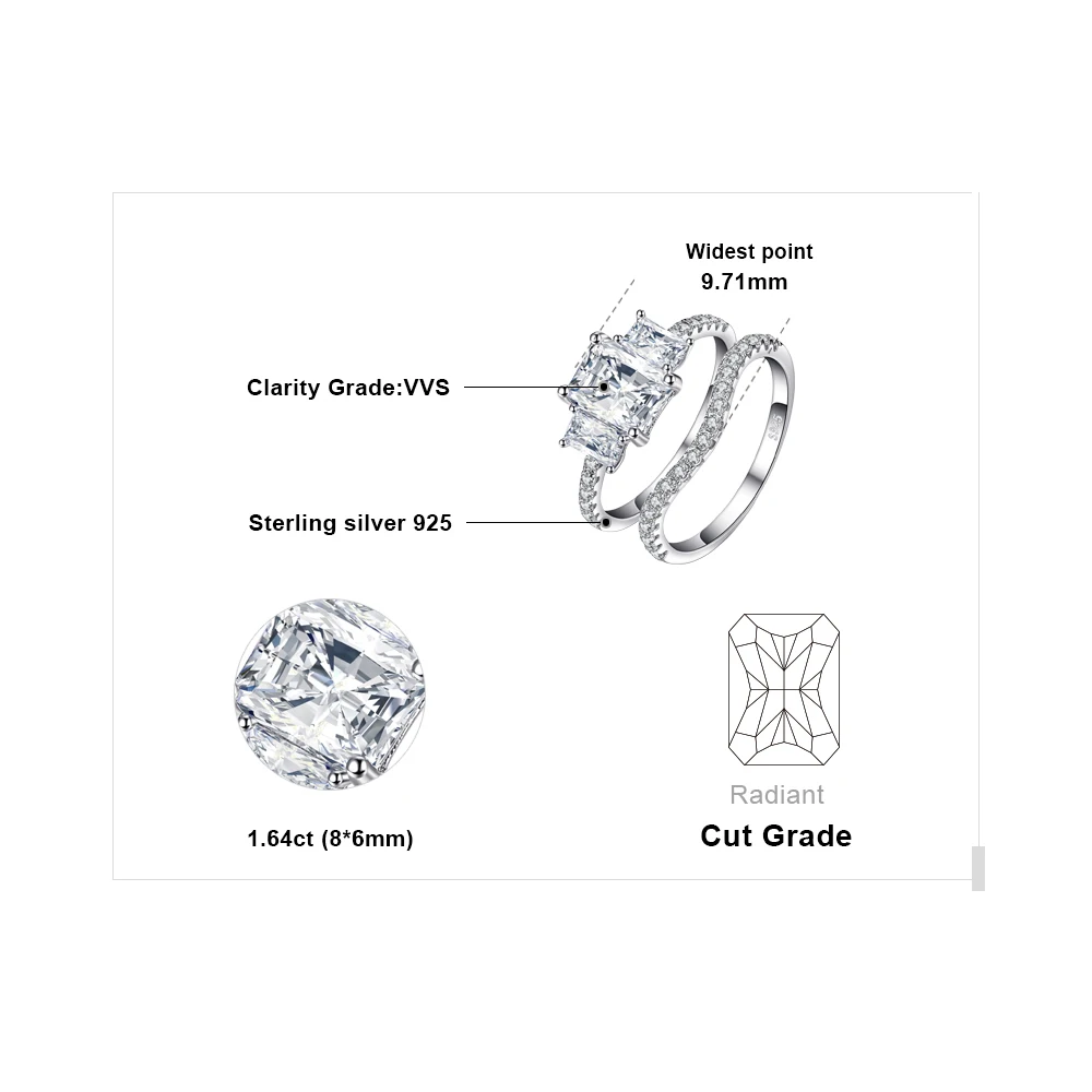 Jewelrypalace Свадебные 2.6ct кубического циркония люкс 3 камень кольцо комплект 925