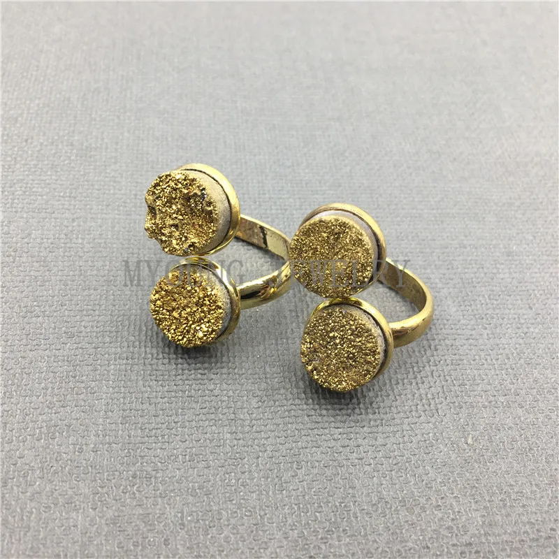 

MY0568 Round Golden Titanium Double Crystal Stone Druzy Rings,Adjustable Gold Electroplated Bezel Rings for women