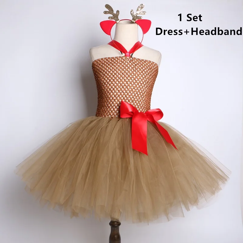 Dress and Headband Коричневое платье-пачка с оленем костюм для Хэллоуина с милыми животными для детей, праздничное платье на Рождество, день рождения Одежда для девочек От 2 до 12 лет - Цвет: Dress and Headband