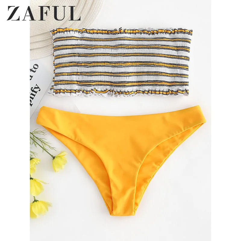 ZAFUL Bikini 2019 Striped Shirred Frilled Bandeau Set Women Strapless Ruffles Swim Suit Low Waisted Unlined Bathing | Женская одежда