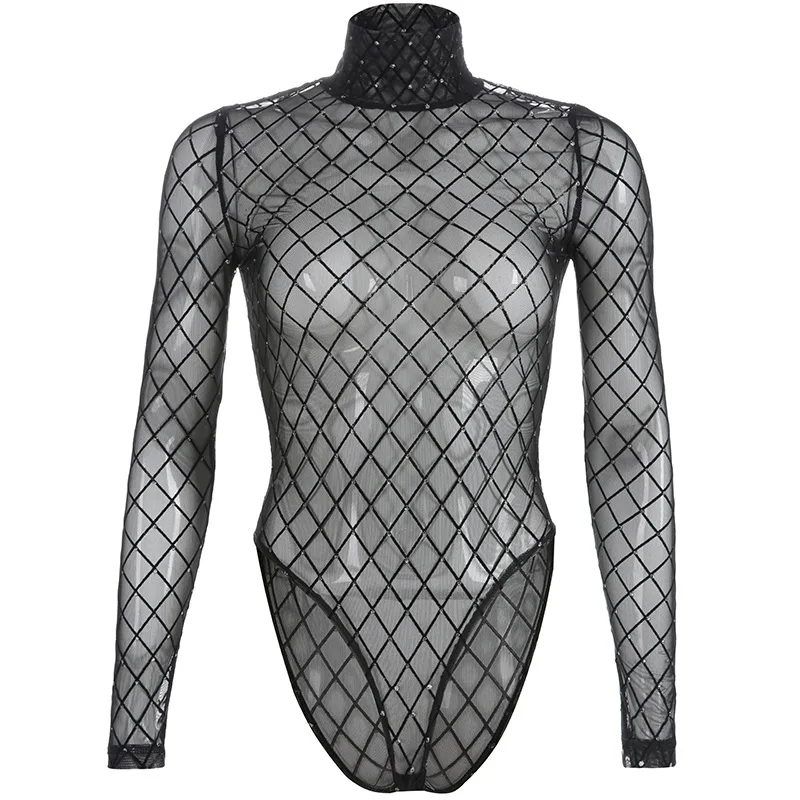Пикантные прозрачные Черный боди Для женщин Рыболовная Сеть тела s Водолазка с