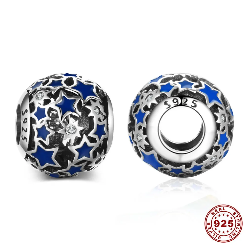 Get 5pcs Wholesale Certified 925 Sterling Silver Large Hole Enamel Beads Blue Starry Sky CZ Charm Fits Original Bracelet | Украшения и