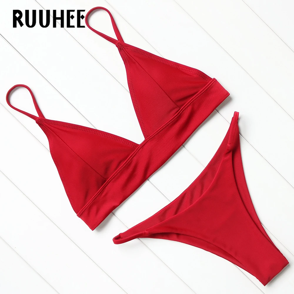 RUUHEE Solid Bikini Set Thong Bathing Suit Padding Swimming Retro bikini Red Swimwear Women Summer Beach Wear Female |