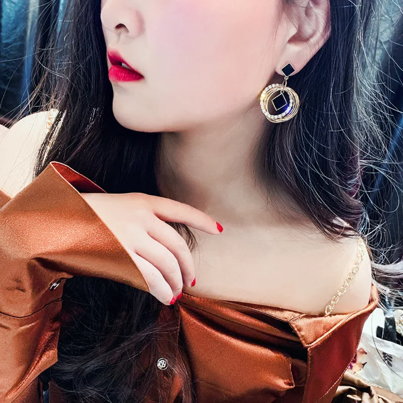 2019 модные плетеные круги геометрический дизайн серьги черный круглый золотой